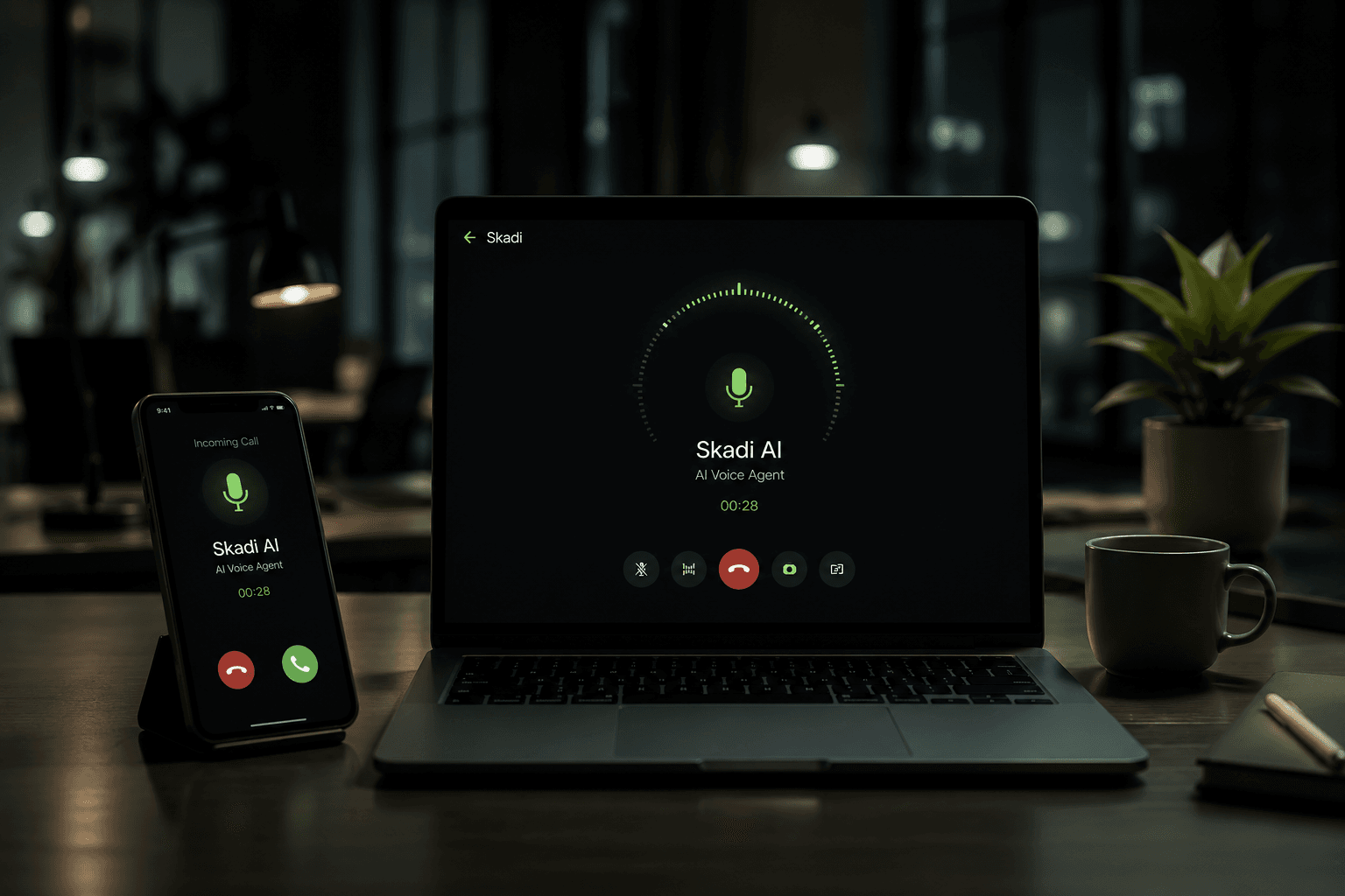 Skadi AI voice agent interface on laptop and phone during an active call